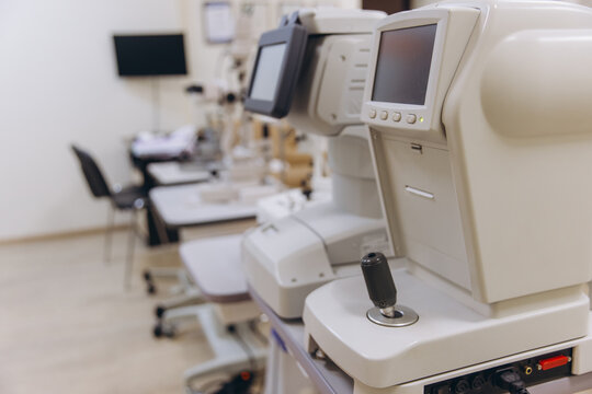 Modern ophthalmology equipment in a healthcare clinic, standing ready for eye examinations and vision diagnostics
