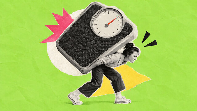 Woman grimacing under the weight of a giant bathroom scale. Weight worry, body pressure and the burden of the number