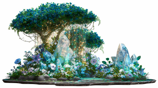 Fantasy tree with glowing blue crystals and flowers isolated on a transparent background creating a magical landscape.