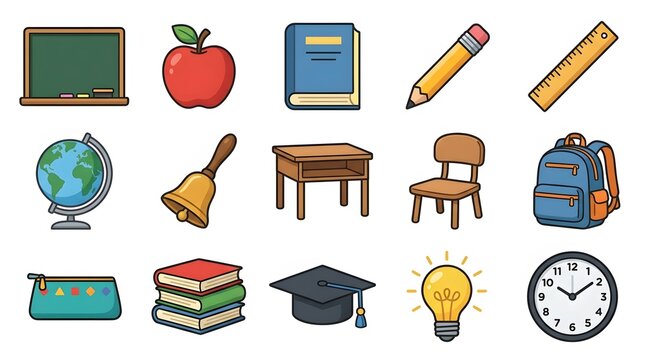 School and classroom supplies icons set for education and academic learning