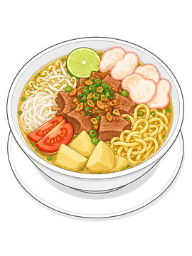 Colorful Indonesian Noodle Soup Bowl (Soto Mie)