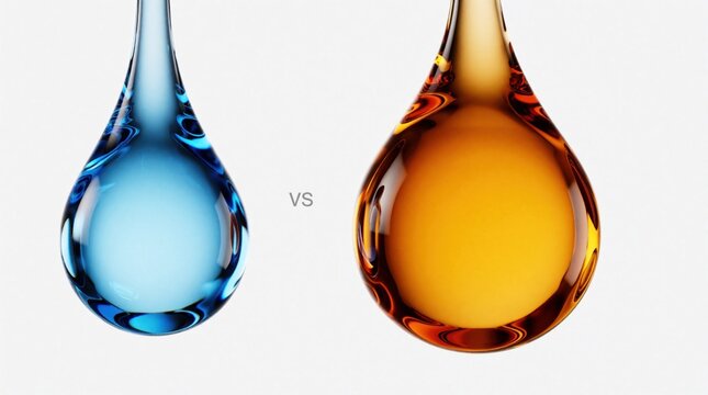 Blue water drop, orange oil drop side by side. Comparison of liquid textures, density on white background. Visual concept showing difference between water, oil using 3D graphic style. Simple science