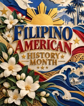 Filipino American History Month is beautifully represented through a vibrant paper cut-out illustration featuring traditional symbols and natural elements.