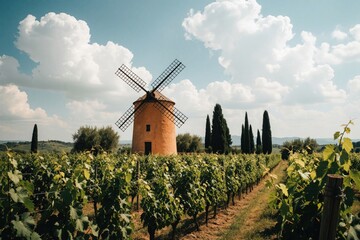 Obraz premium Old stone windmill stands in Tuscany vineyard under blue sky with white clouds. Traditional Italian farm landscape features green grape vines, tall cypress trees. Rural agriculture scenery shows