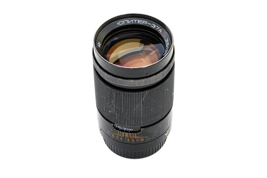 Iserlohn, Germany - September 20, 2026: Vintage Soviet Jupiter-37A camera lens isolated against a plain white background