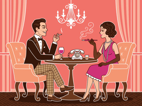Vintage 1920s Roaring Twenties Couple Illustration, Retro Elegant Dinner Date in Art Deco Style Interior with Flapper Woman and Dapper Man Smoking