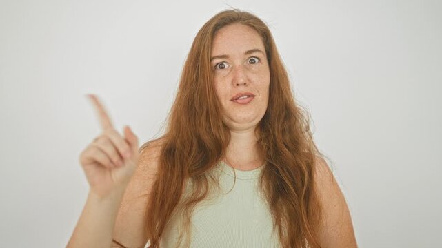 Woman pointing index finger toward camera while wearing a mint tank top in a white studio; curiosity questioning.