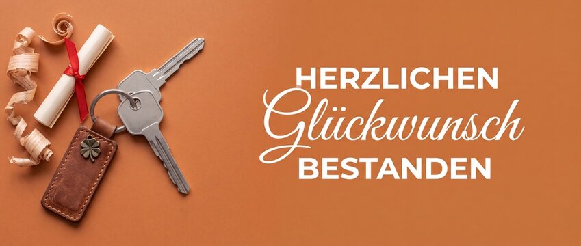 Congratulations passed exam house key diploma scroll with German text Herzlichen Glueckwunsch Bestanden for craftsman trade qualification graduation success banner top view flat lay copy space