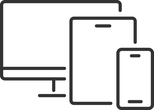Electronics icon line stroke vector concept, digital responsive outline simple linear pictogram with mobile cell phone, tablet and desktop computer pc illustration, multi device interface platform
