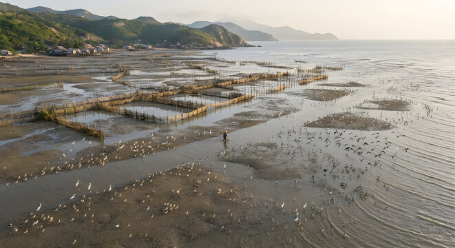 Aerial view of a coastal fishing village with fish traps and birds at low tide