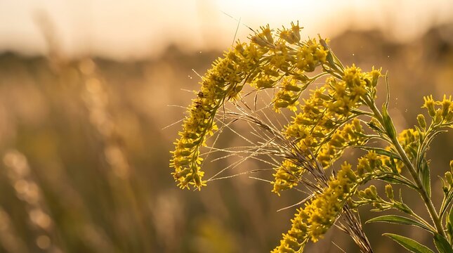 Macro goldenrod flower spike curves against blurred evening sunlight in quiet field air.