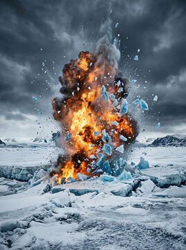 Dramatic explosion of fire and ice in a frozen arctic landscape.