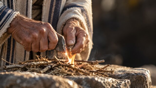 Hands of Noah striking flint to ignite kindling. Biblical Genesis story of Noah and the flood. Primitive fire making and survival skills. Ancient life and faith concept.