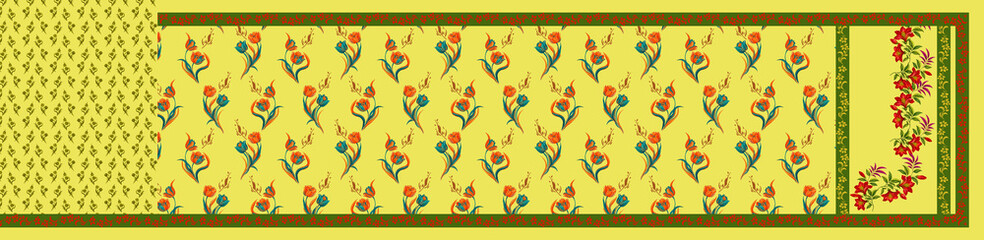 Yellow Floral Printed Saree Design Layout with Seamless Motif Pattern and Decorative Floral Pallu Border and blouse © SOUBHAGYA