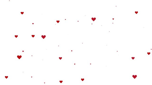 Cartoon red heart floating down animation on white screen, wedding decoration, romantic overlay, valentine overlay, 2d animation, heart floating down movement, white background, likes floating