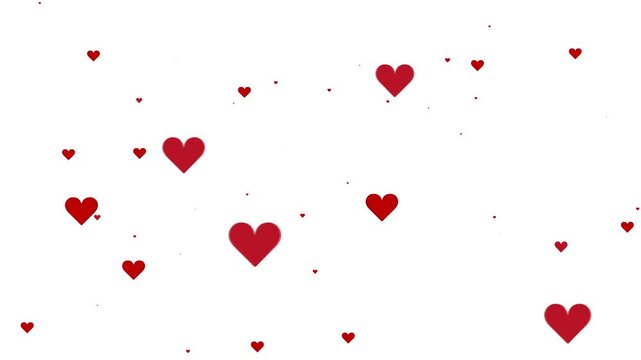 Cartoon red heart floating down animation on white screen, heart floating down movement, wedding decoration, romantic overlay, 2d animation, white background, likes floating, valentine overlay