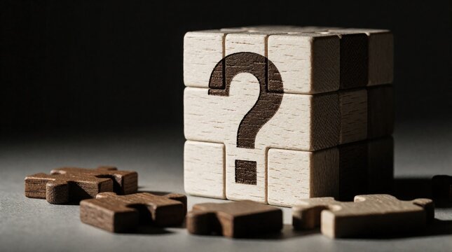 Wooden puzzle blocks form cube with question mark symbol. Scattered pieces lie on dark surface. Concept of problem solving, mystery, missing information, difficult decision making. Abstract
