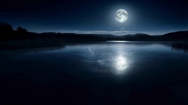 A full moon shines in the night sky, casting a shimmering reflection upon the surface of the calm lake, with the silhouettes of dark hills along the horizon.