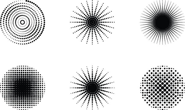 Halftone circle vector elements set, abstract black radial dotted burst shapes, geometric halftone sunburst graphic design assets