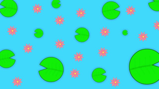 Animated green lily pads and pink lotus flower pattern on bright blue water, floral background, seamless botanical nature backdrop for spring, summer, pond and floral design, aquatic plant, 2d floral