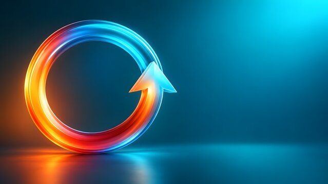 Translucent glass circular arrow glowing in orange and blue gradient on reflective surface with copy space representing renewal cycle and process