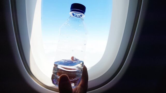 Passenger airplane window view of clouds and blue sky