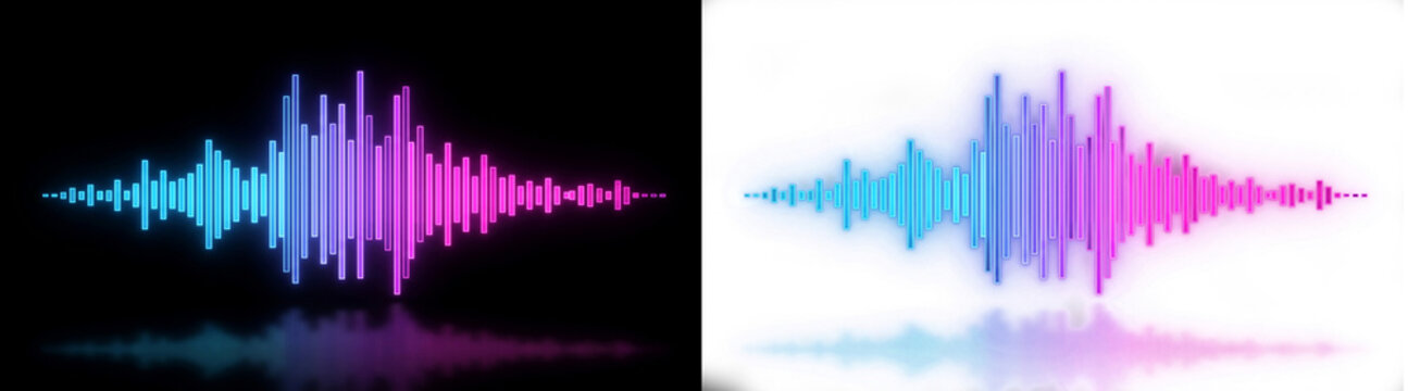 Neon sound wave graphic visualization, colorful audio equalizer frequency spectrum on black and white background