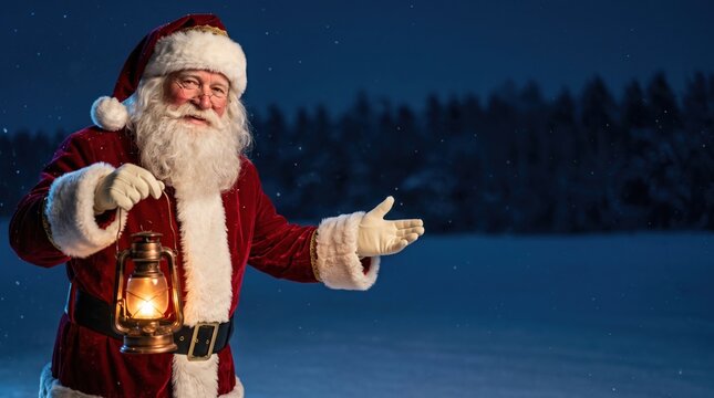 Santa claus, in red, holds a lantern, gesturing against a magical dark blue snowy night with copy space, festive cinematic image for christmas greetings