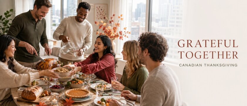Canadian Thanksgiving Day family gathering around festive dining table, sharing roasted turkey and seasonal dishes with grateful together message, warm autumn home celebration and copy space
