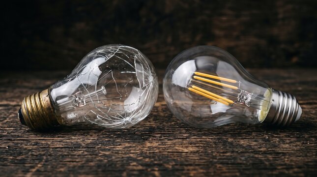 Cracked and intact light bulbs on rustic wooden table.