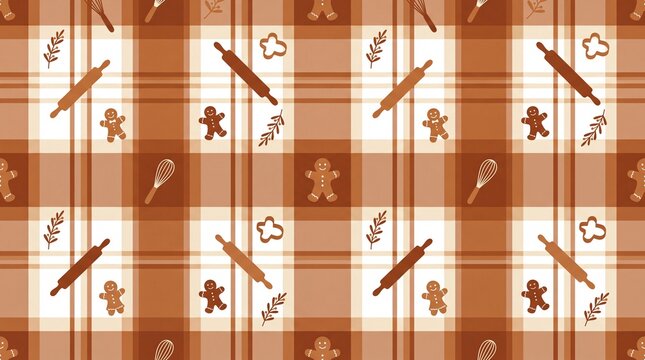 Christmas baking seamless plaid pattern with gingerbread and kitchen tools