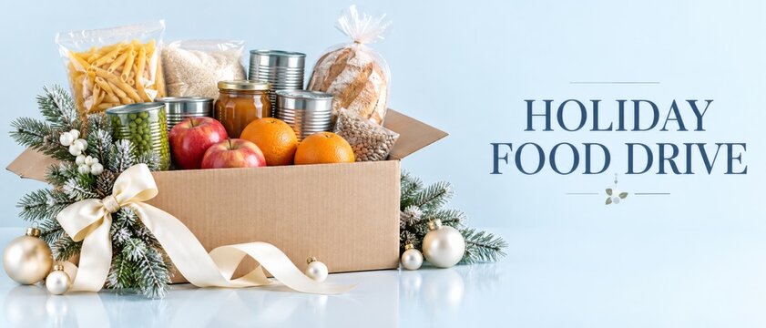 Christmas donation food drive with cardboard box of canned goods, pasta, bread, fruit, and festive greenery beside Holiday Food Drive lettering, offering seasonal charity campaign message and copyable