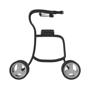 Modern black rollator mobility aid for elderly support isolated on a clean white background