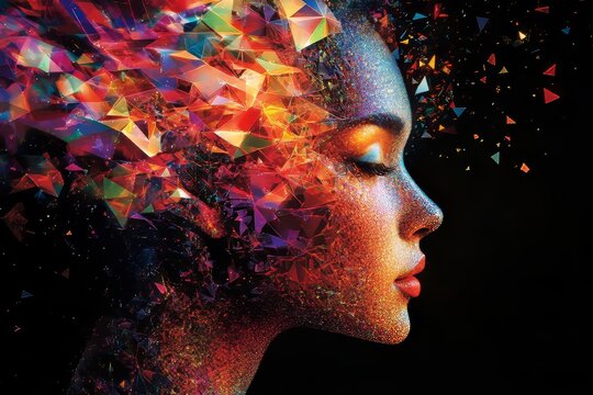A profile of an AI head composed entirely from colorful triangles, with the top half dissolving into geometric shapes and particles that form facial features, Generative AI