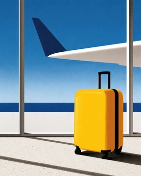Travel airport scene with yellow suitcase and airplane wing viewed through terminal window for travel design poster and background layout