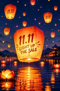 Traditional glowing paper lanterns floating over water at night with 11.11 text for festive sale event advertisement.