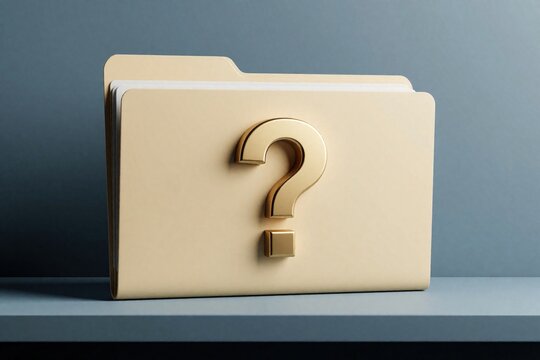 Minimalist 3D folder icon with gold question mark on front. Yellow file folder represents missing data, lost information, unsolved problem. Concept for mystery, doubt, investigation in digital