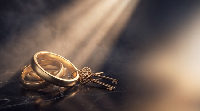 data security concepts, interlocking golden rings and cryptographic keys gleam on a black marble surface