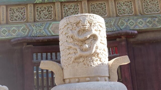 Close-up of dragon carved huabiao stone column at Zhaoling Tomb