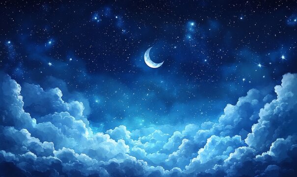 A watercolor background of a night sky with clouds and stars, Generative AI