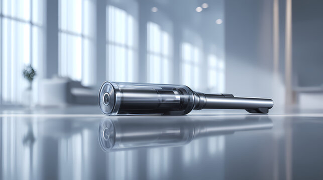 Handheld vacuum cleaner rests horizontally on a glossy transparent surface with soft light filtering through large windows.