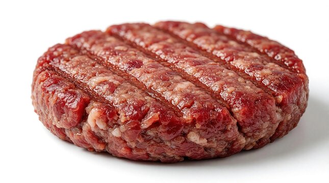Raw beef burger patty with grill marks on white background. Fresh minced meat round cutlet for hamburger preparation. Uncooked ground beef steak ingredient for bbq cooking fast food meal. Red juicy