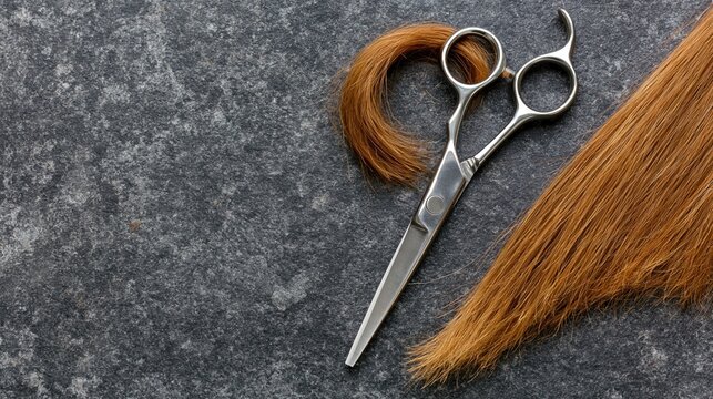 Hairdressing scissors with cut hair on a stone surface