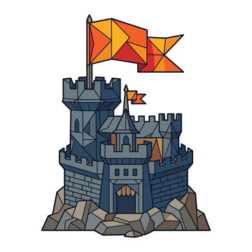 Geometric Medieval Castle with Colorful Flags