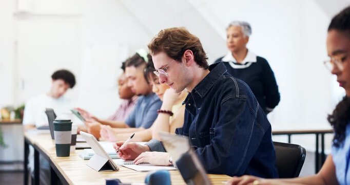 Writing, exam and man with tablet in classroom, education and thinking of answer or research on app. University student, reflection and people with tech, knowledge and reading questions on website