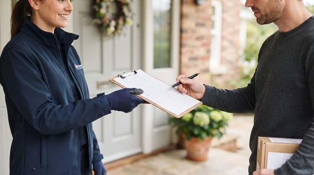 delivery woman giving clipboard to customer to sign for package at house entrance