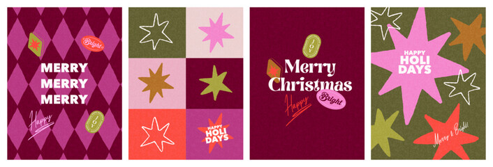 Obraz premium Modern Christmas Card Collection with Bold Typography, Geometric Shapes and Hand Drawn Stars. Contemporary holiday artwork for greeting cards, posters, covers, social media and seasonal branding.