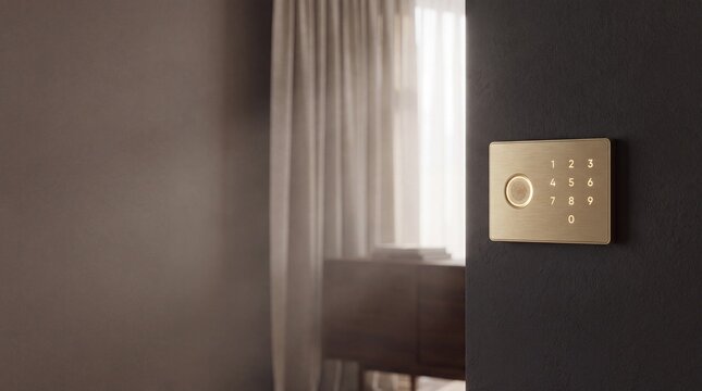 luxury security systems, a luxurious access control panel features a glowing gold fingerprint scanner amid a dark, soft-lit interior