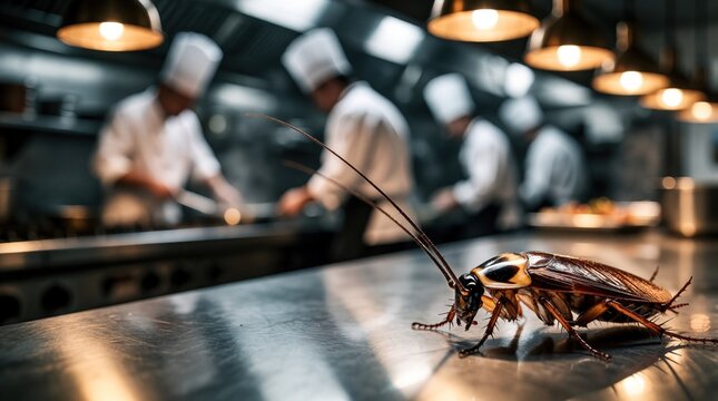 Large cockroach crawls on stainless steel restaurant kitchen counter. Unsanitary insect pest in commercial food prep area. Blurred pro chefs work in background. Infestation risk, food hygiene