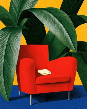 Red armchair with book and large green houseplants on yellow background for interior design, lifestyle poster, card and background